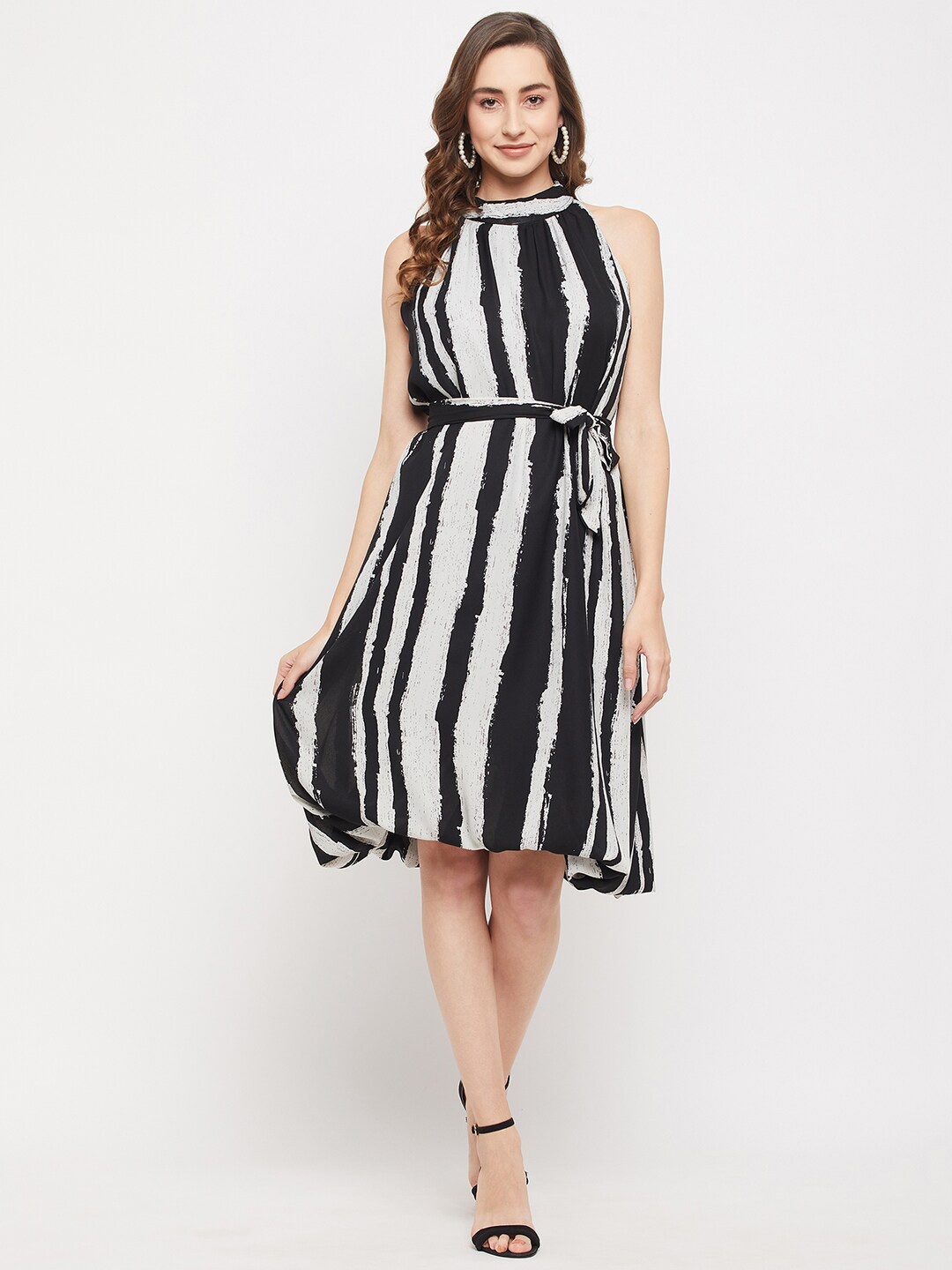 

Ruhaans Striped Halter Neck Tie Up Monochrome Georgette A-Line Dress, Black