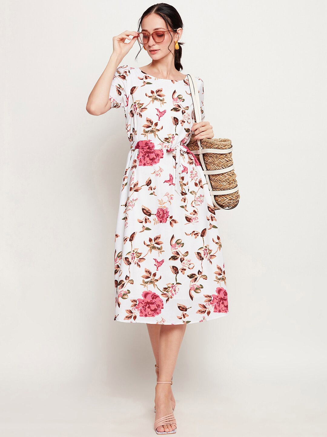 

Ruhaans Floral Printed Boat Neck Tie Up Georgette Fit & Flare Dress, Off white