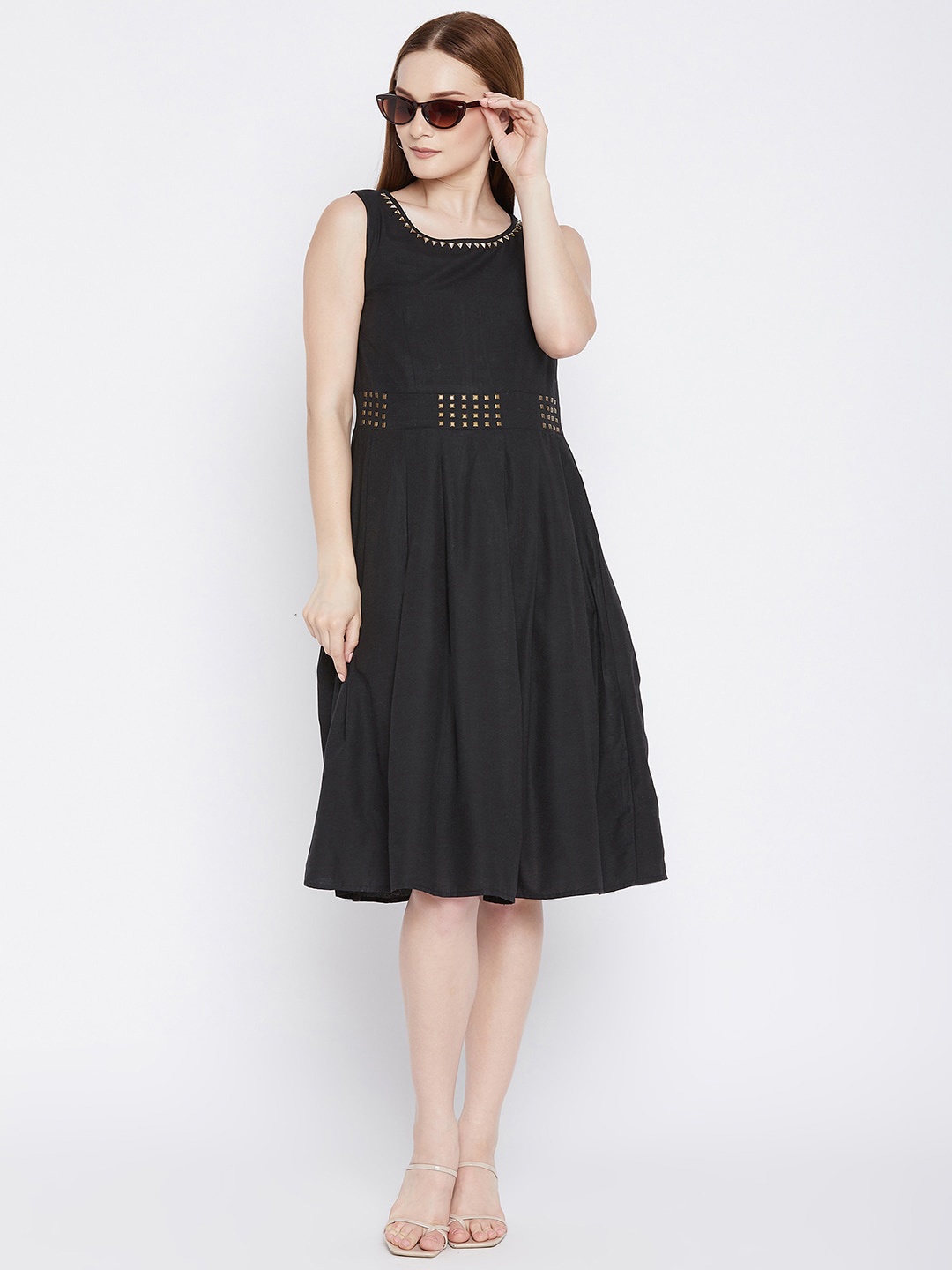 

Ruhaans Round Neck Embellished Cotton Fit & Flare Dress, Black