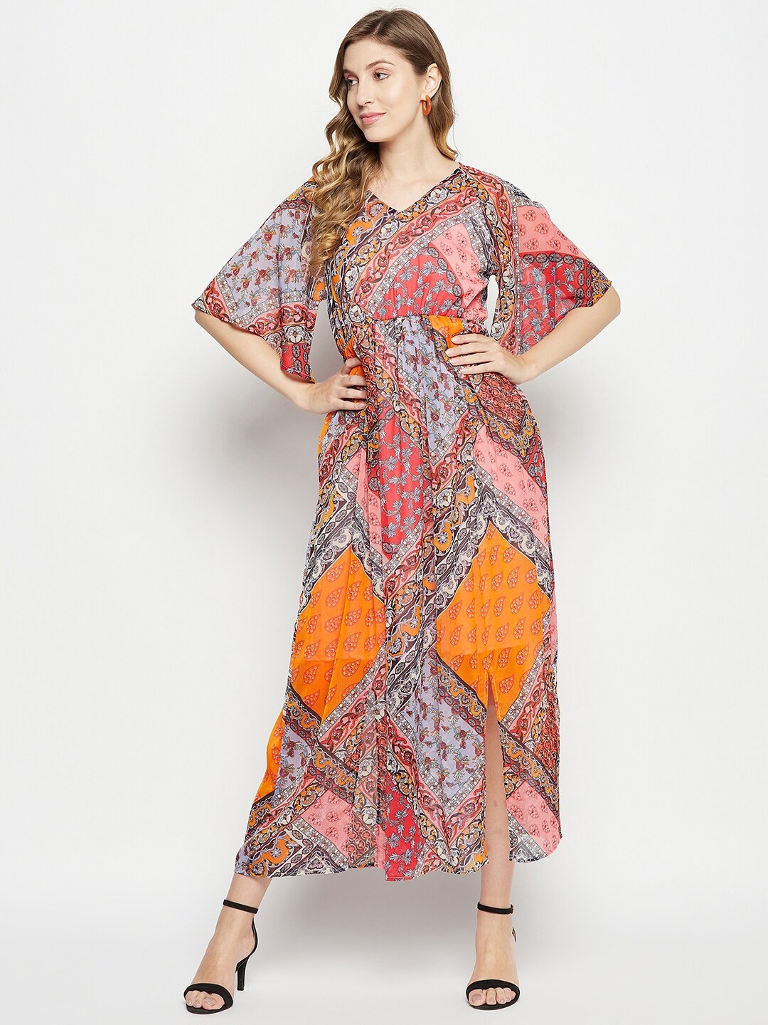 

Ruhaans Ethnic Motifs Printed V-Neck Flared Sleeve Chiffon Fit & Flare Dress, Pink