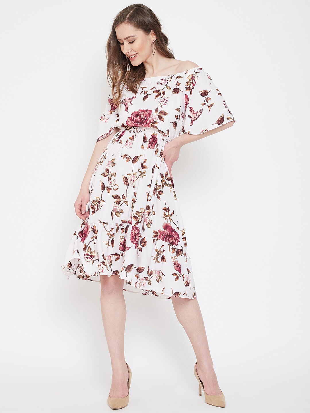 

Ruhaans Floral Printed Off-Shoulder Georgette Fit & Flare Dress, White