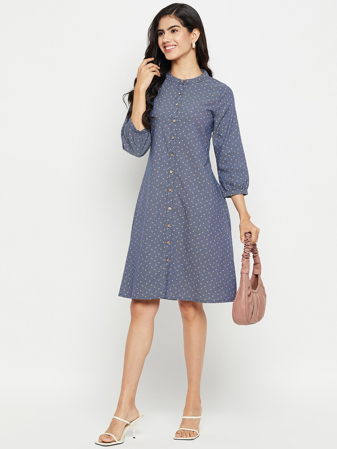 

Ruhaans Abstract Printed Mandarin Collar Denim A-Line Dress, Blue