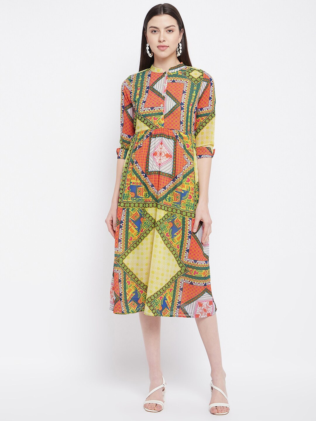 

Ruhaans Ethnic Motifs Printed Mandarin Collar Georgette A-Line Dress, Yellow