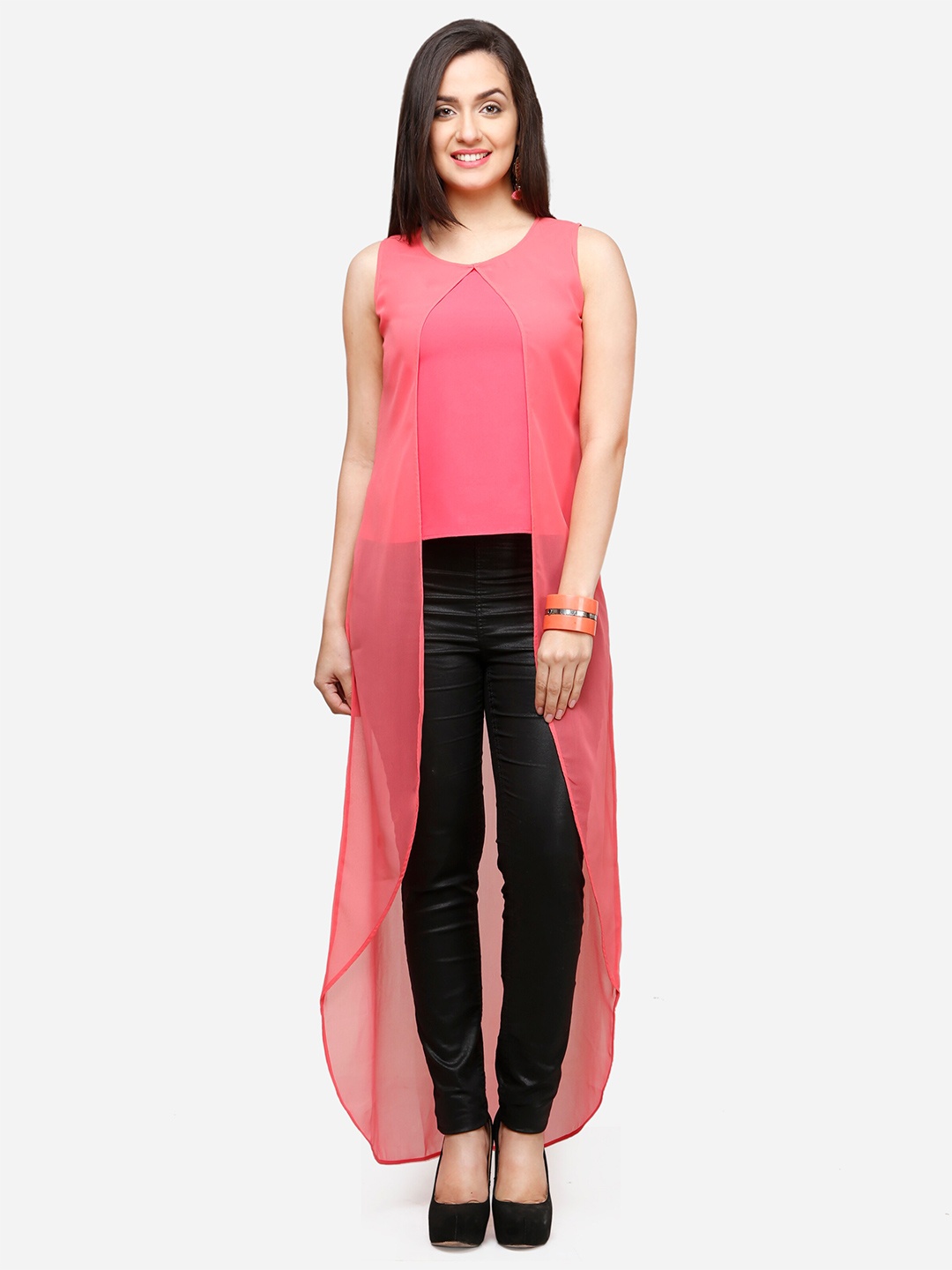 

V&M Round Neck Sleeveless Georgette Longline Classy Maxi Top, Pink
