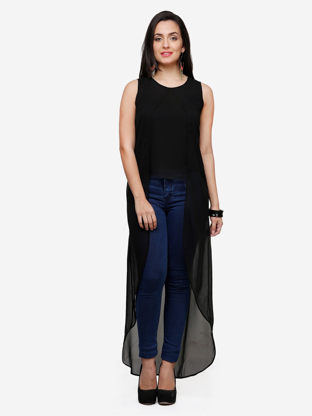 

V&M Round Neck Sleeveless High Low Maxi Longline Georgette Top, Black