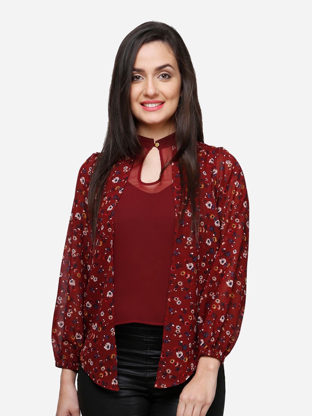

V&M Floral Print Keyhole Neck Puff Sleeves Layered Georgette Top, Maroon