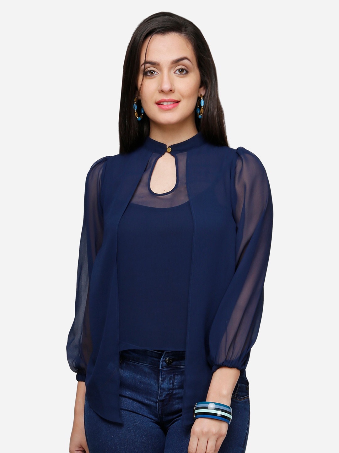 

V&M Keyhole Neck Puff Sleeves Layered Georgette Top, Navy blue