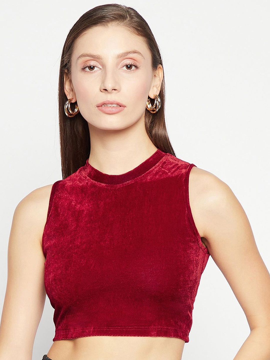 

Uptownie Stretchable Velvet High Neck Crop Top, Maroon