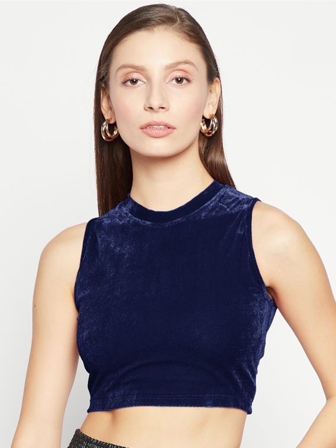 

Uptownie Stretchable Velvet High Neck Crop Top, Navy blue