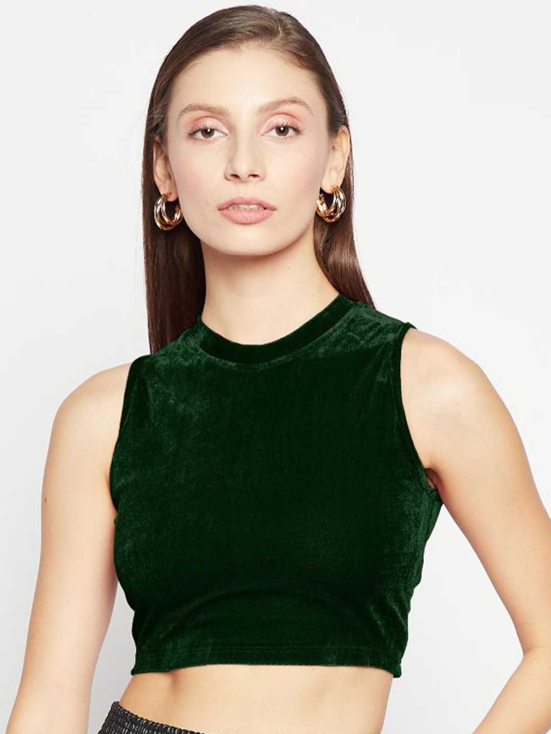 

Uptownie Stretchable Velvet High Neck Crop Top, Green