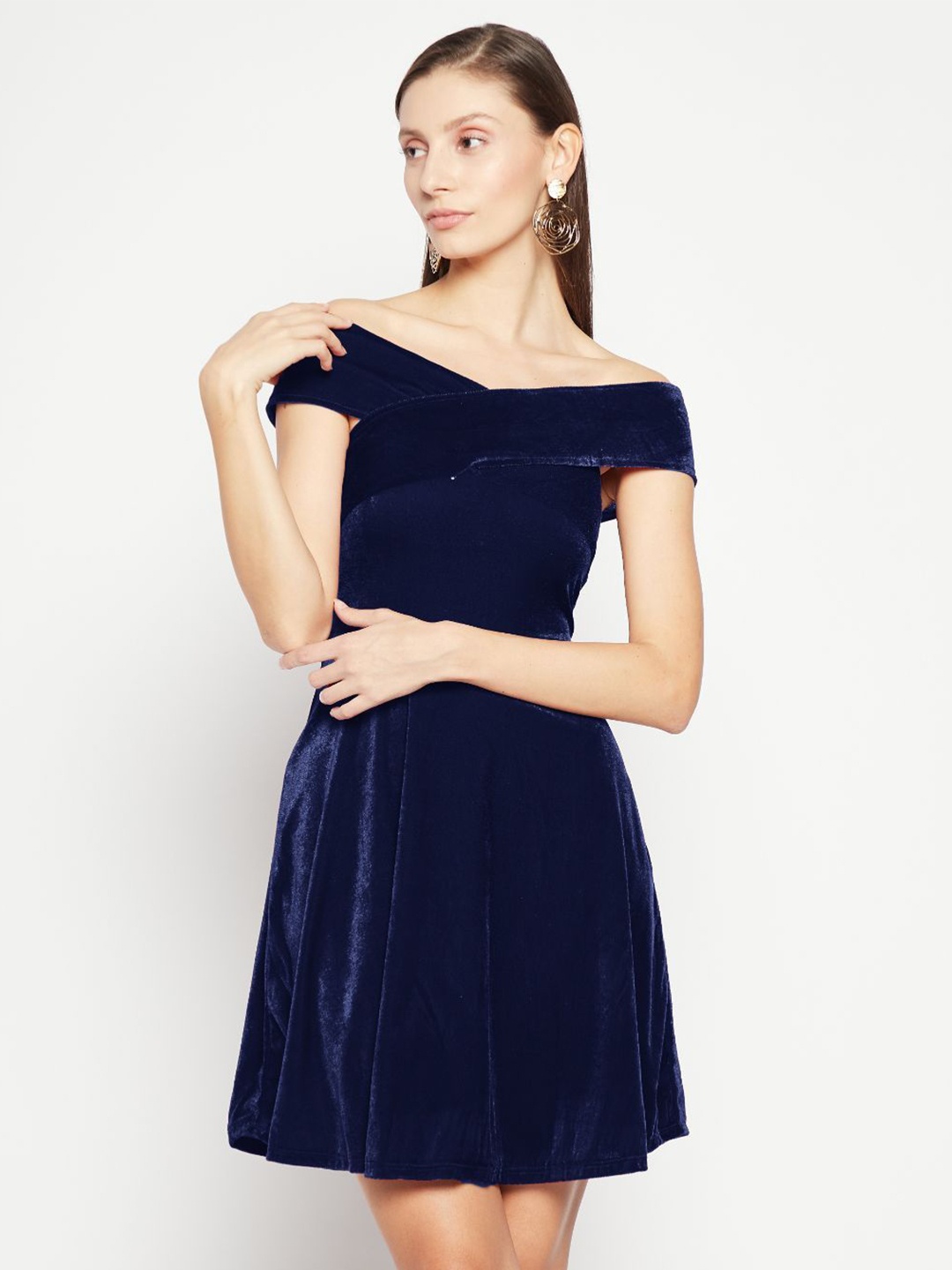 

Uptownie Off Shoulder Stretchable Velvet Skater Dress, Navy blue