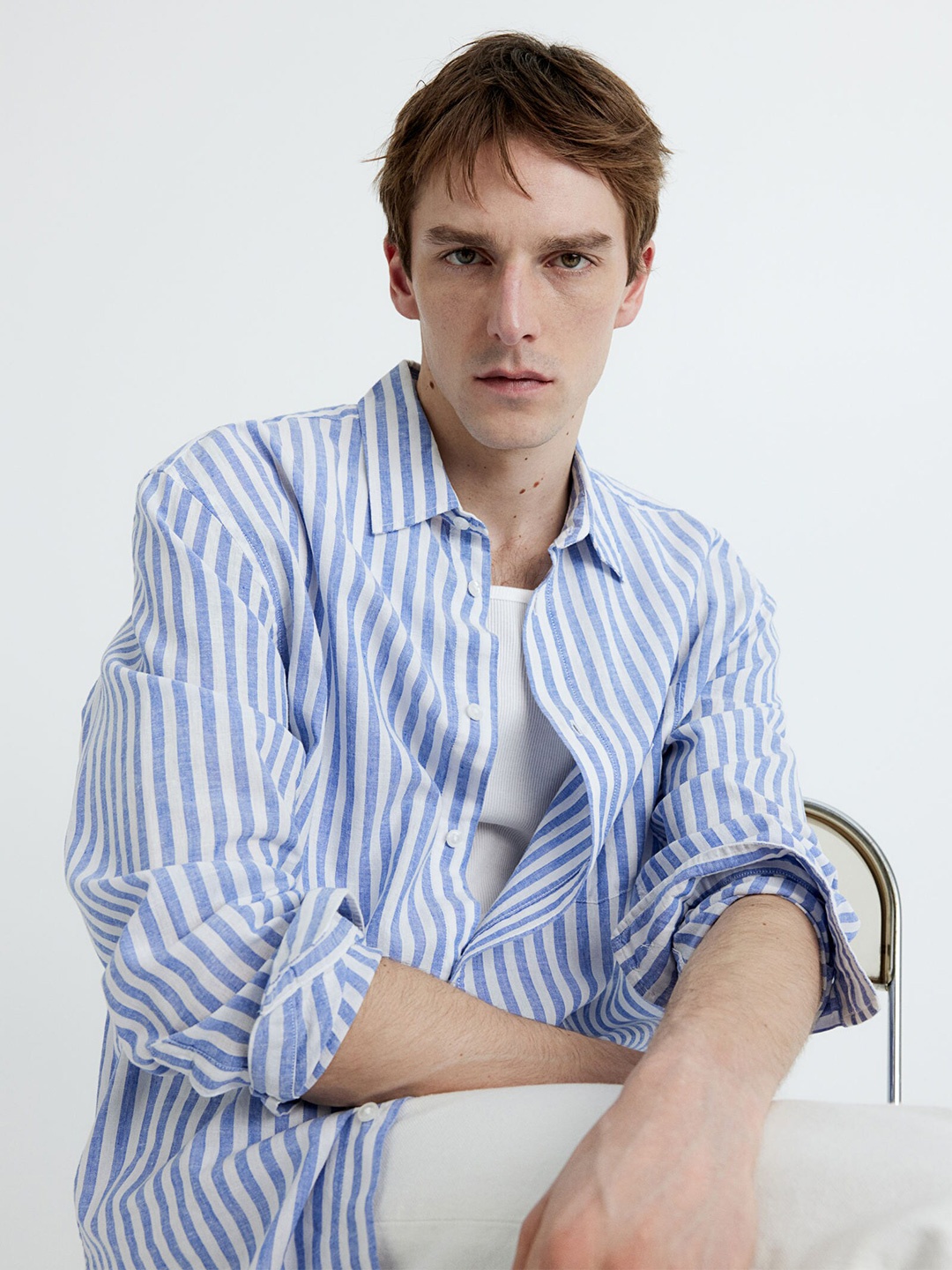 

H&M Relaxed Fit Linen-Blend Shirt, Blue