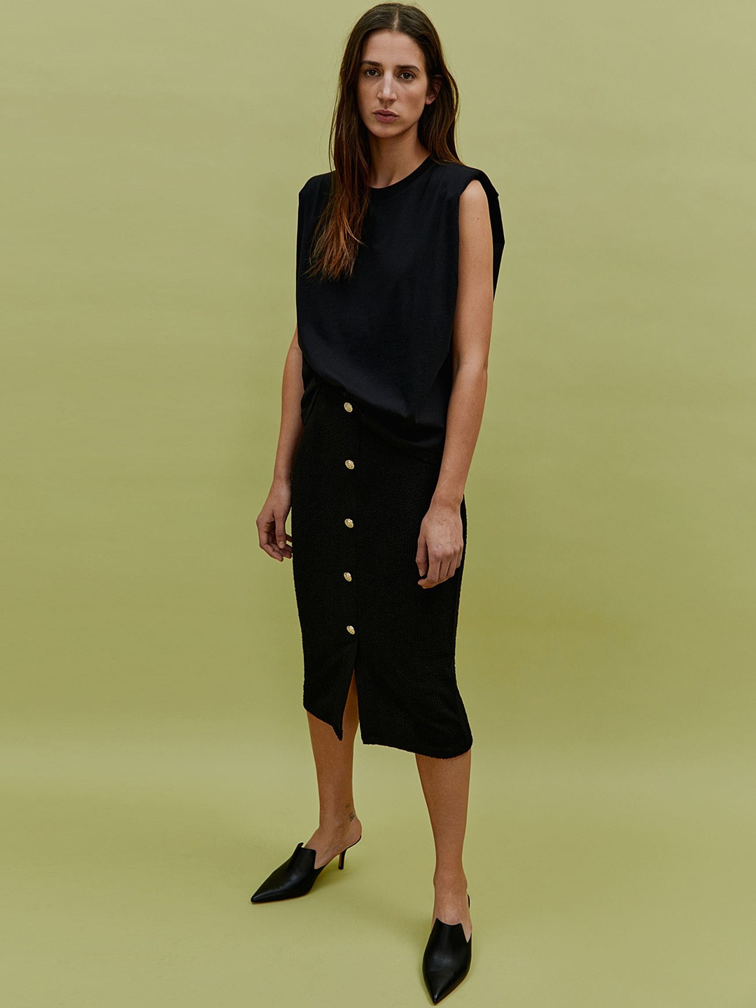 

H&M Button-Front Skirt, Black