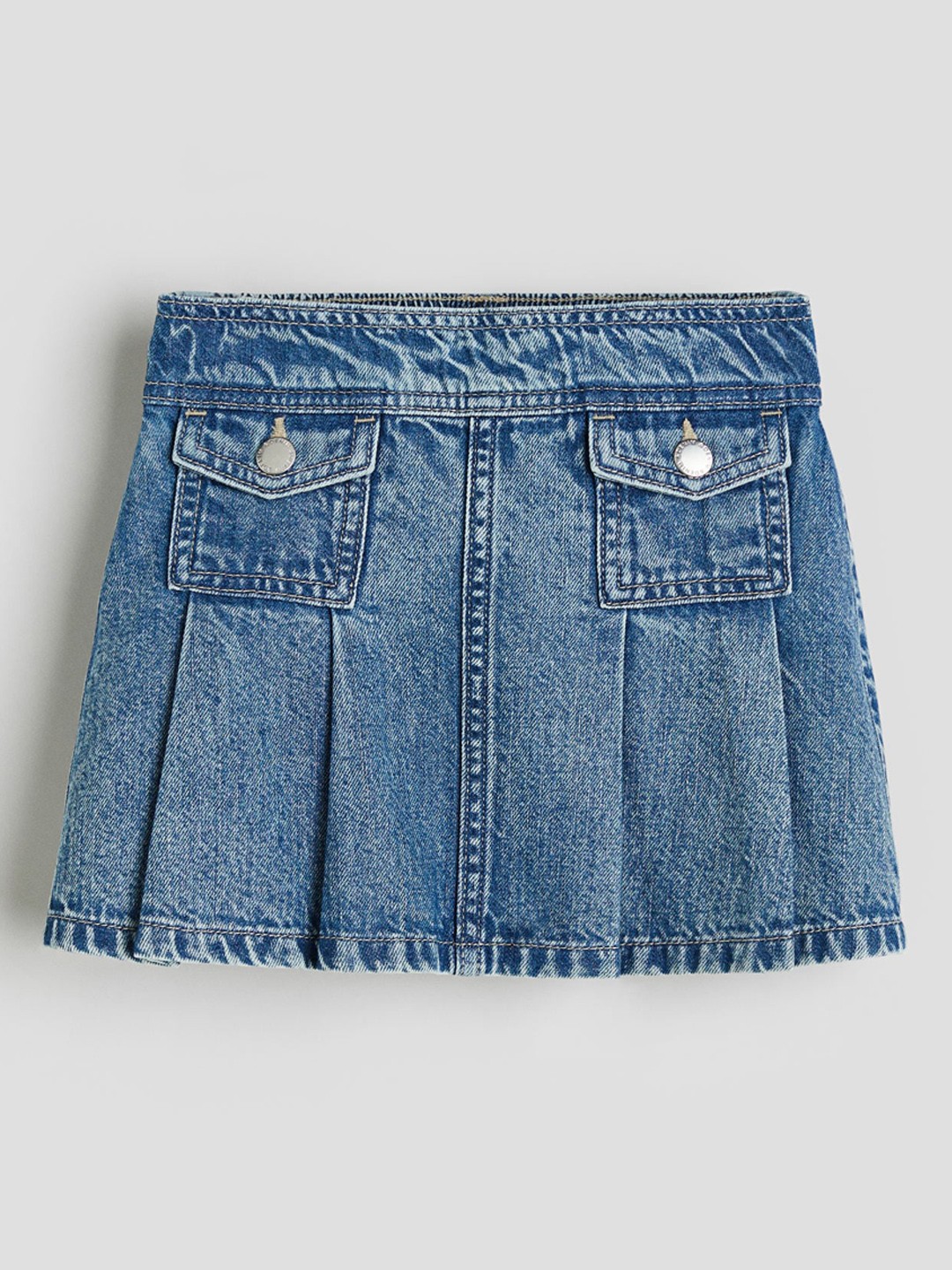 

H&M Girls Pure Cotton Pleated Denim Skirt, Blue
