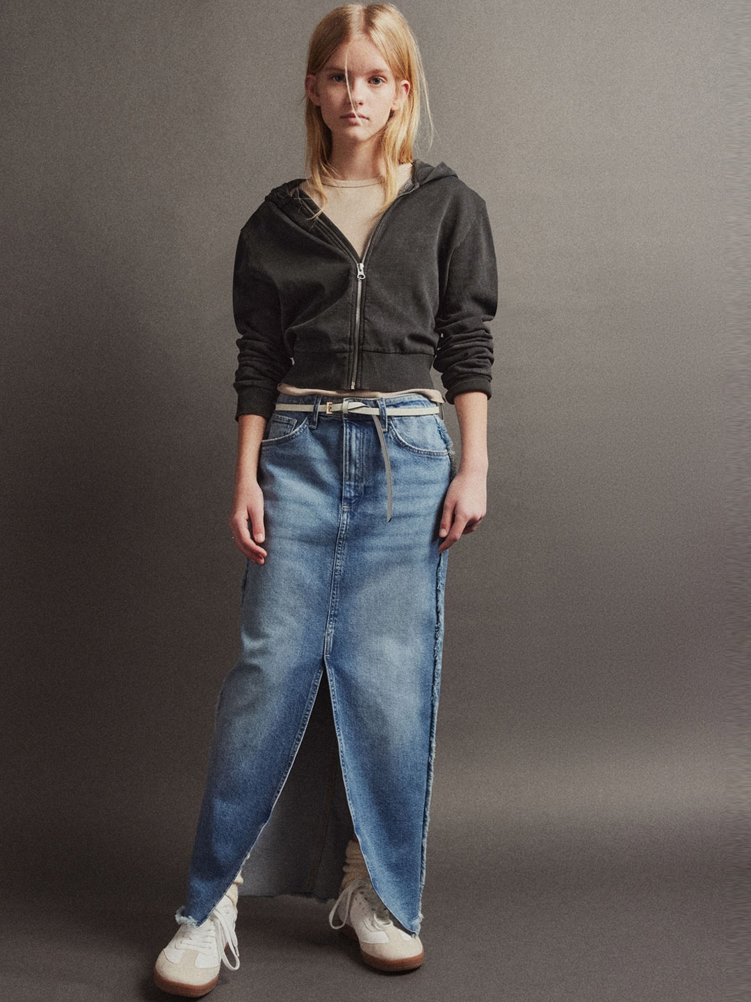 

H&M Girls Slit-Hem Maxi Denim Skirt, Blue