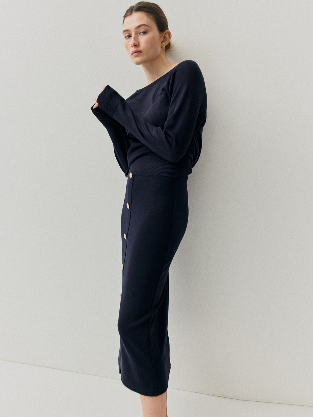 

H&M Button-Front Skirt, Navy blue