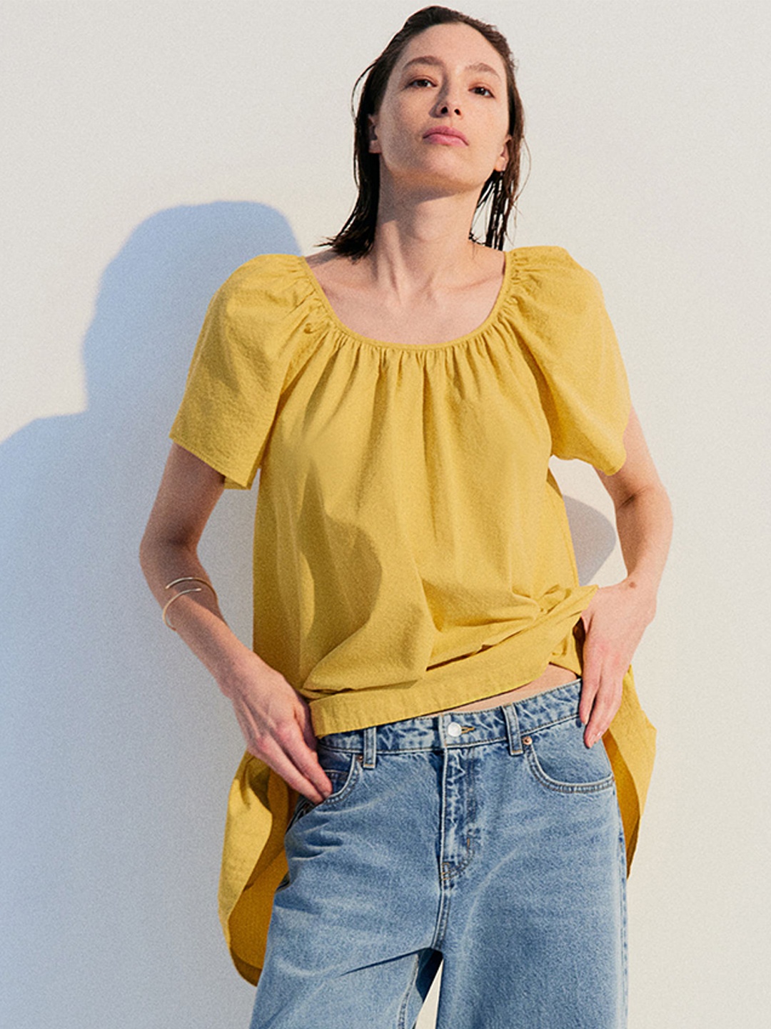 

H&M Pure Cotton Square-Neck Dress, Yellow