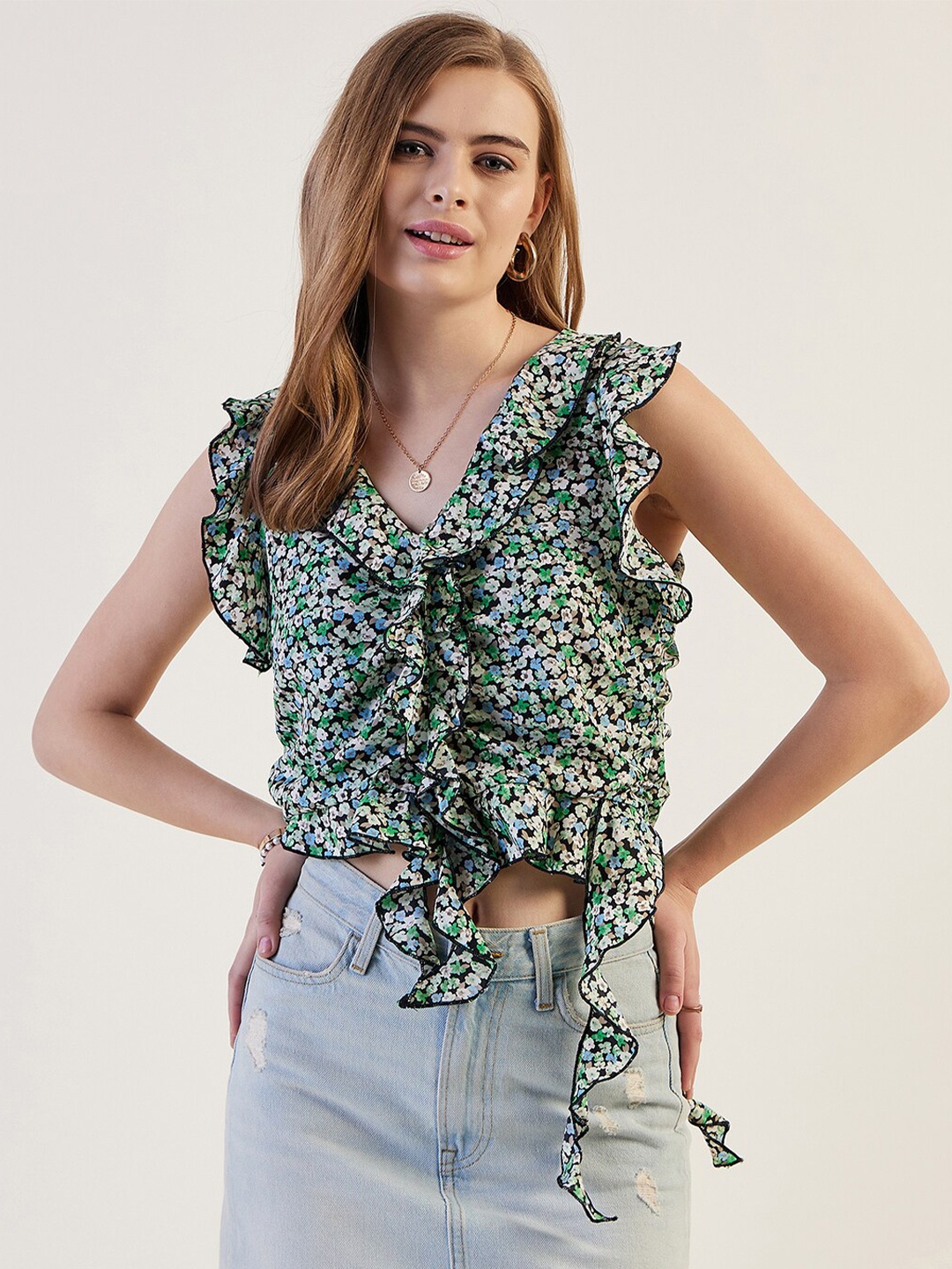 

Freehand by The Indian Garage Co Floral Printed Ruffled Top, Green