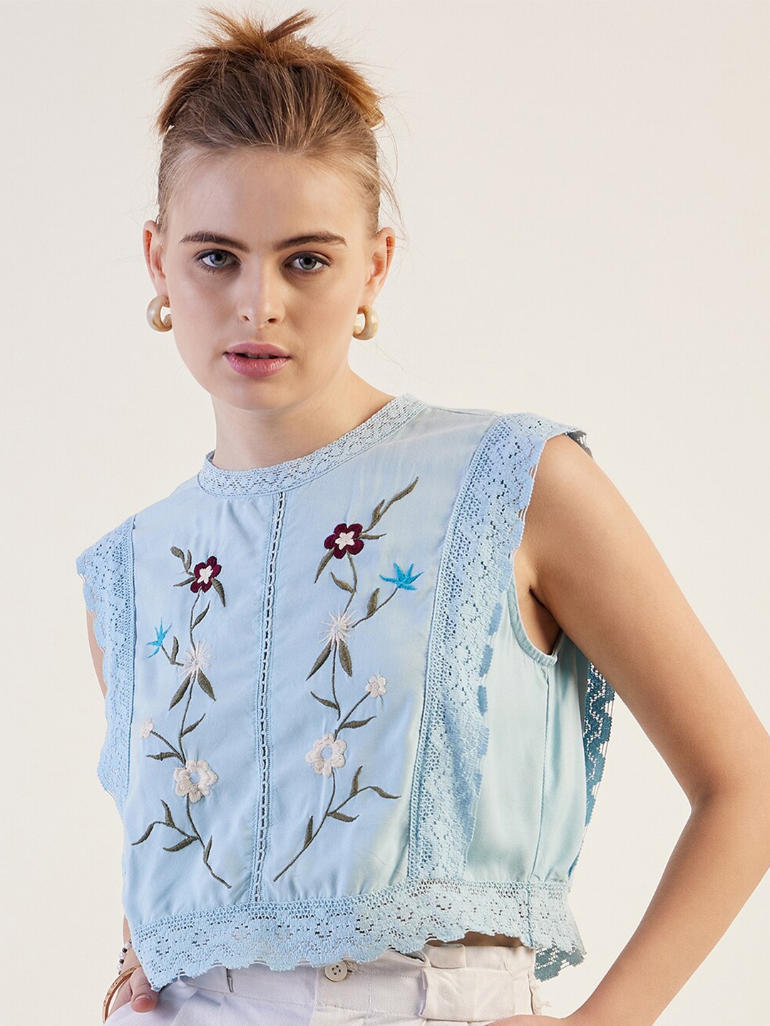 

Freehand by The Indian Garage Co Floral Embroidered Lace Inserts Top, Blue