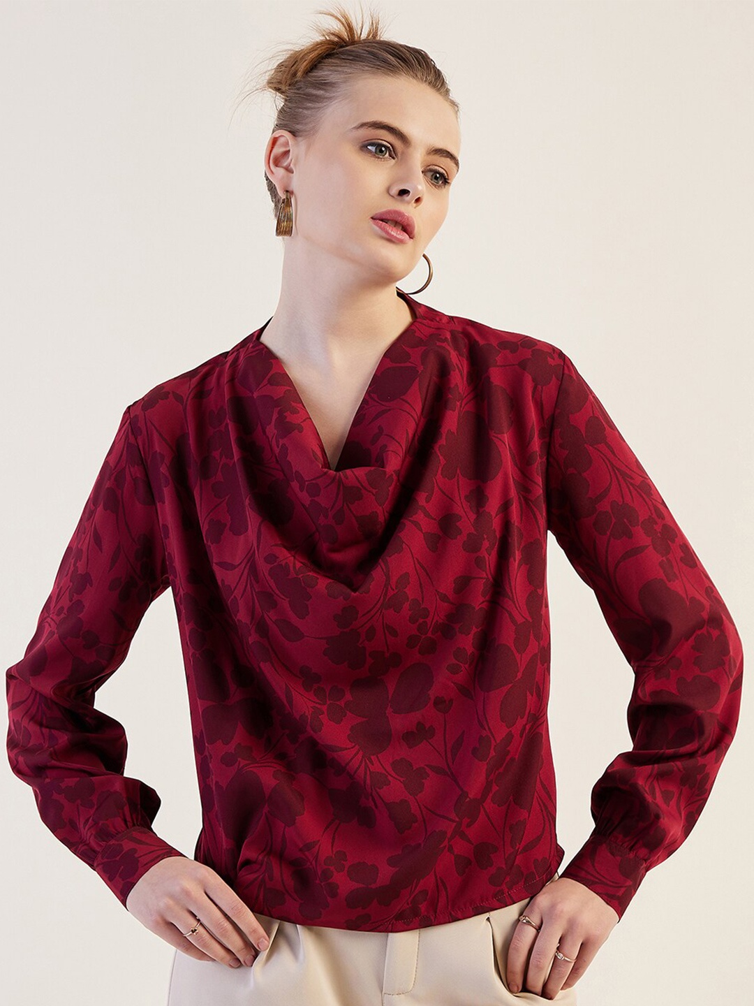 

Freehand by The Indian Garage Co Floral Printed Cowl Neck Cuffed Sleeves Top, Maroon