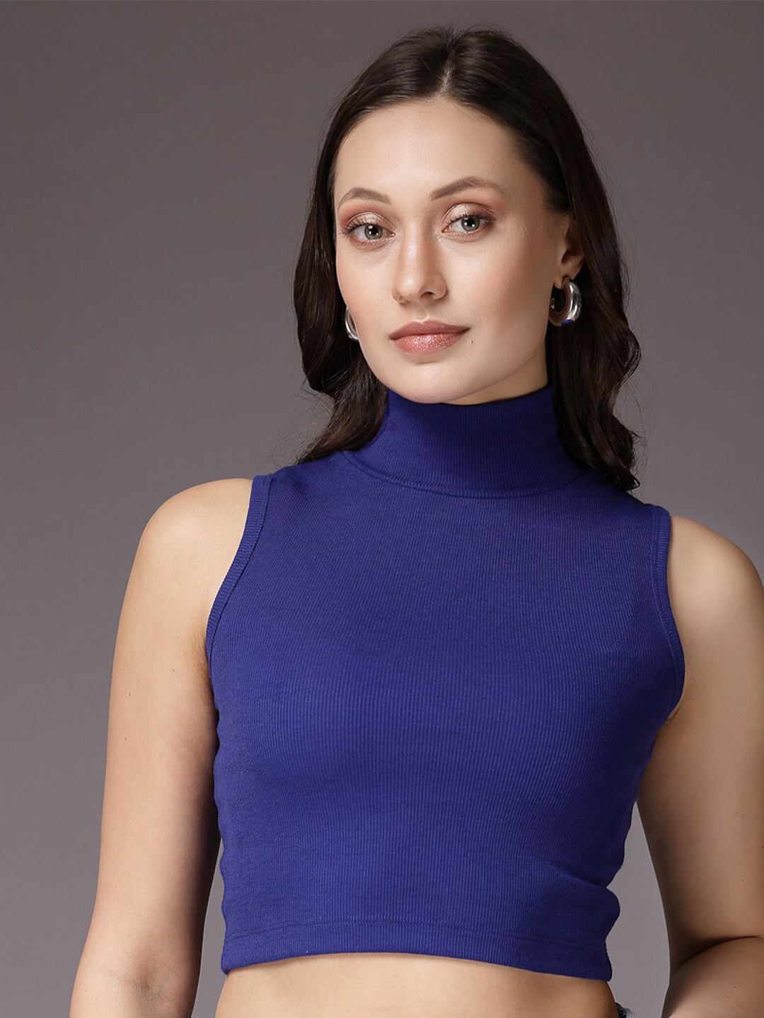 

Freehand by The Indian Garage Co Mock Collar Ribbed Fitted Crop Top, Blue