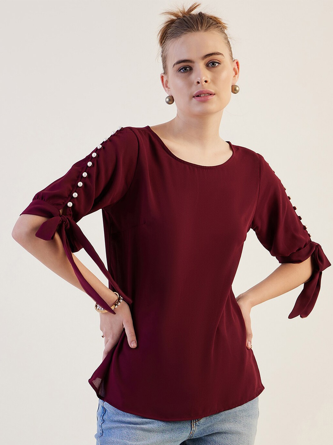 

Freehand by The Indian Garage Co Round Neck Tie-Up Neck Top, Burgundy