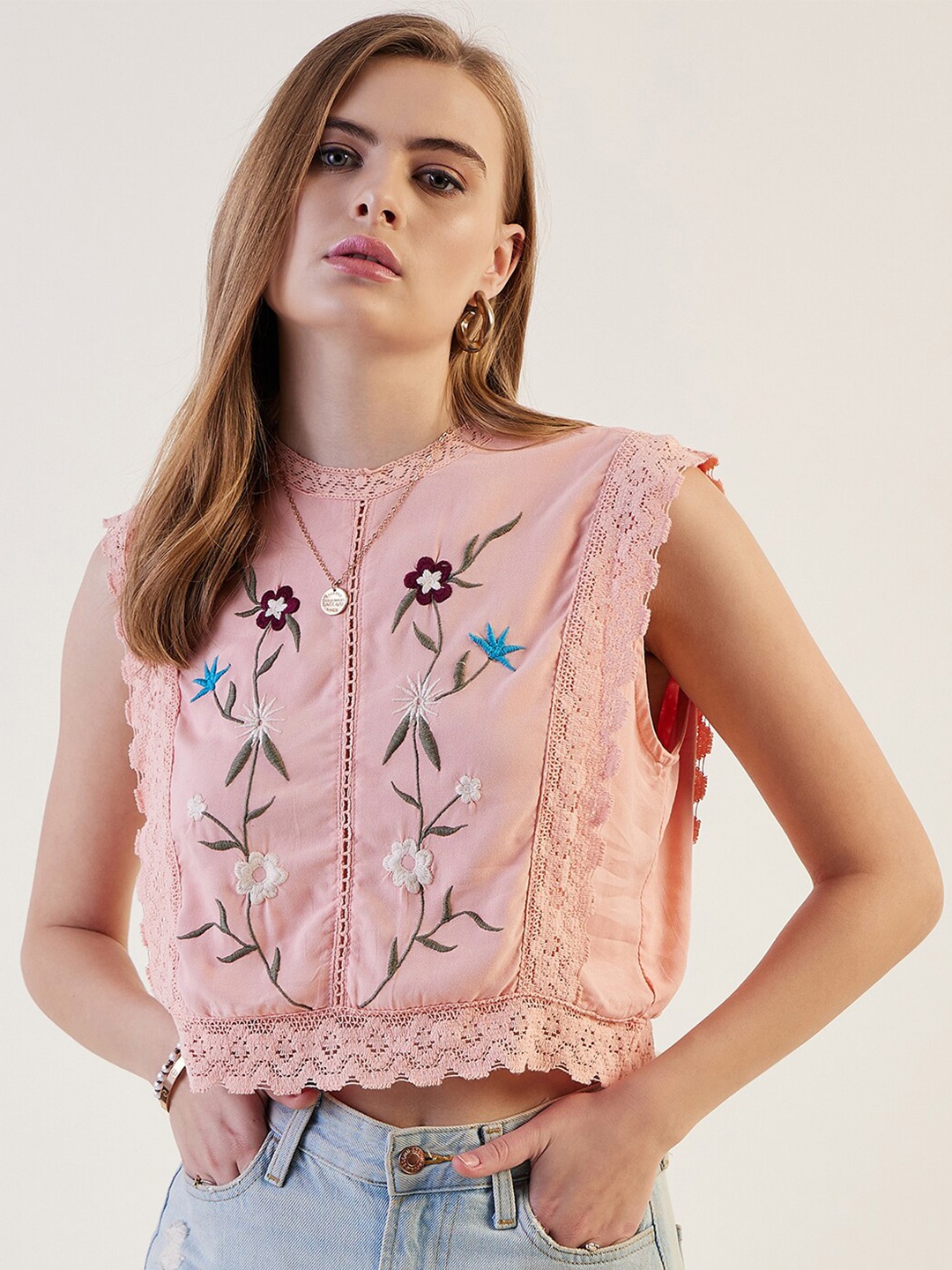 

Freehand by The Indian Garage Co Floral Embroidered Lace Inserts Top, Pink