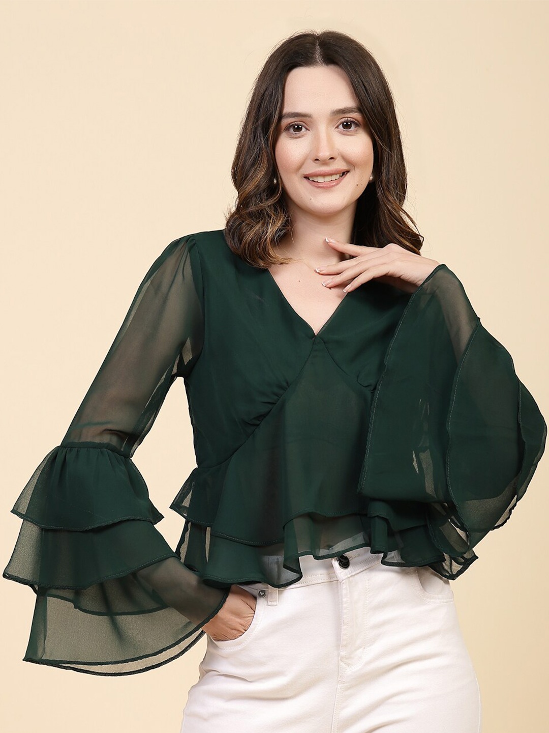 

Freehand by The Indian Garage Co Bell Sleeves Wrap Top, Green