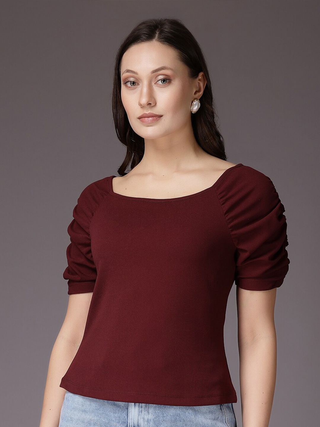 

Freehand by The Indian Garage Co Square Neck Puffed Sleeves Top, Burgundy