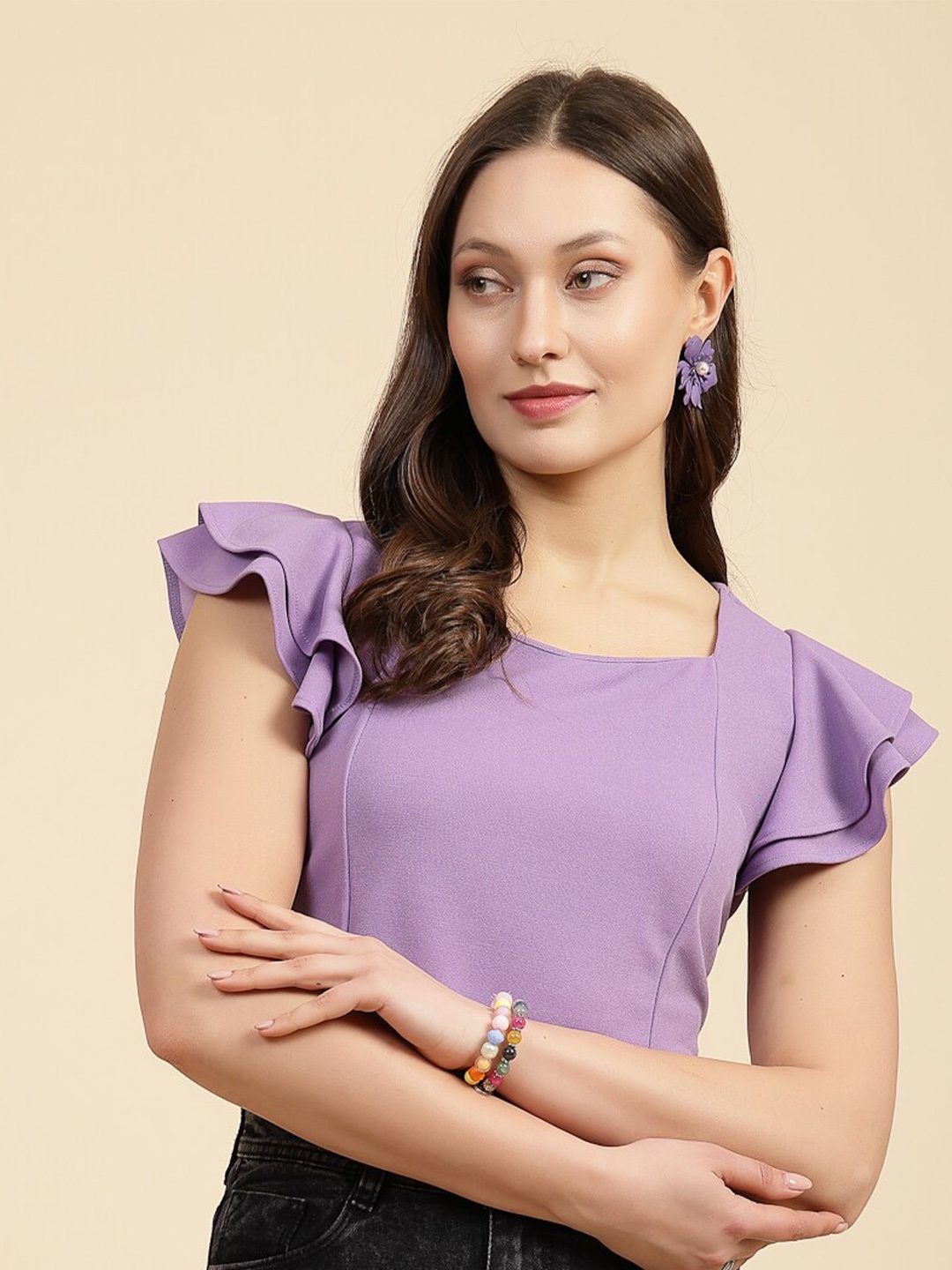 

Freehand by The Indian Garage Co Square Neck Flutter Sleeves Top, Purple