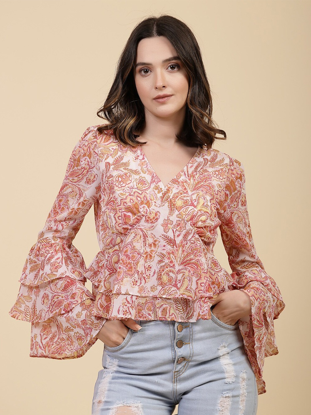 

Freehand by The Indian Garage Co Floral Printed Bell Sleeves Top, White