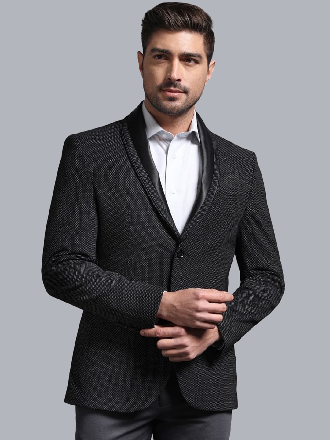 

Blackberrys Slim-Fit Self Designed Shawl Collar Long Sleeves Single Breasted Blazers, Black