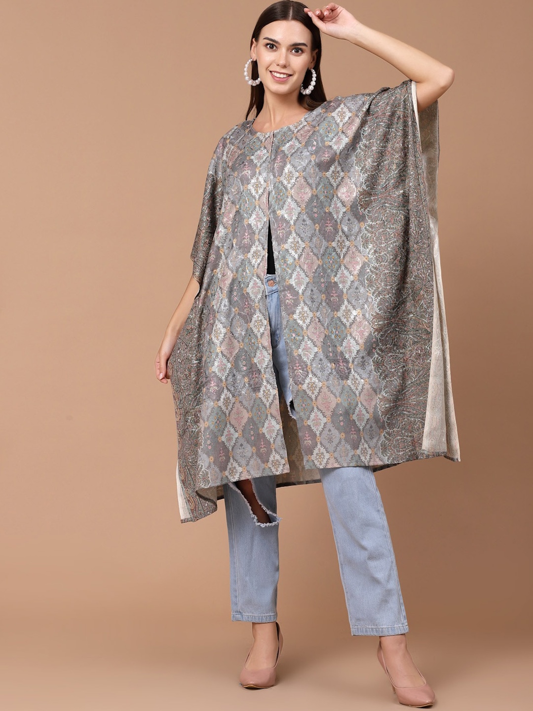 

SWI Stylish Ethnic Motifs Woven Design Woollen Lightweight Longline Tailored Jacket, Grey