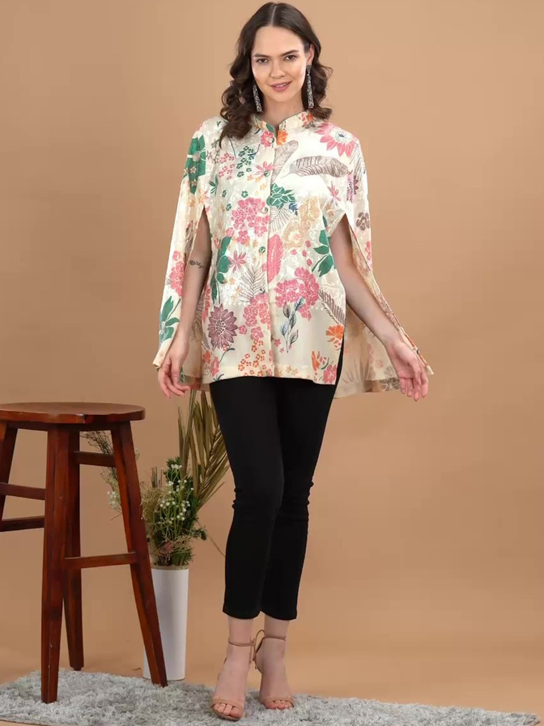 

SWI Stylish Floral Printed Embroidered Lightweight Longline Cape Jacket, Cream