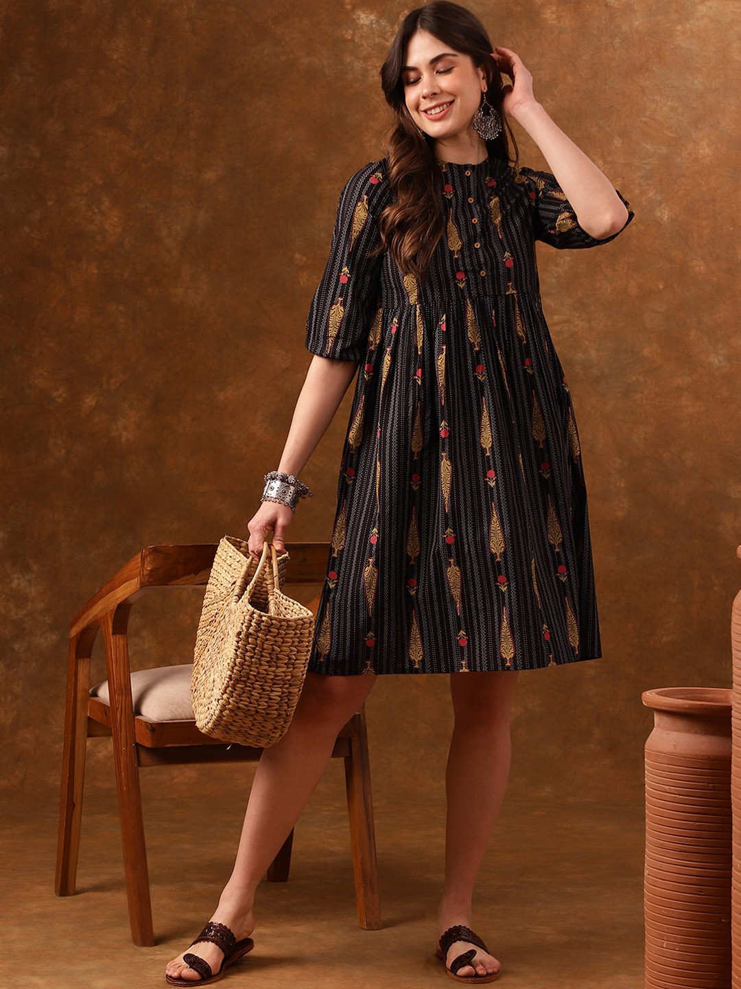 

Anouk Black Ethnic Motifs Printed Gathered Pure Cotton Fit & Flare Ethnic Dress