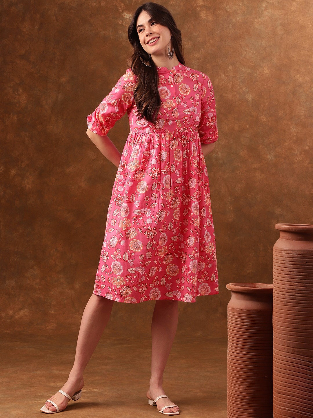 

Anouk Pink & White Floral Printed Mandarin Collar Gathered Cotton A-Line Midi Ethnic Dress