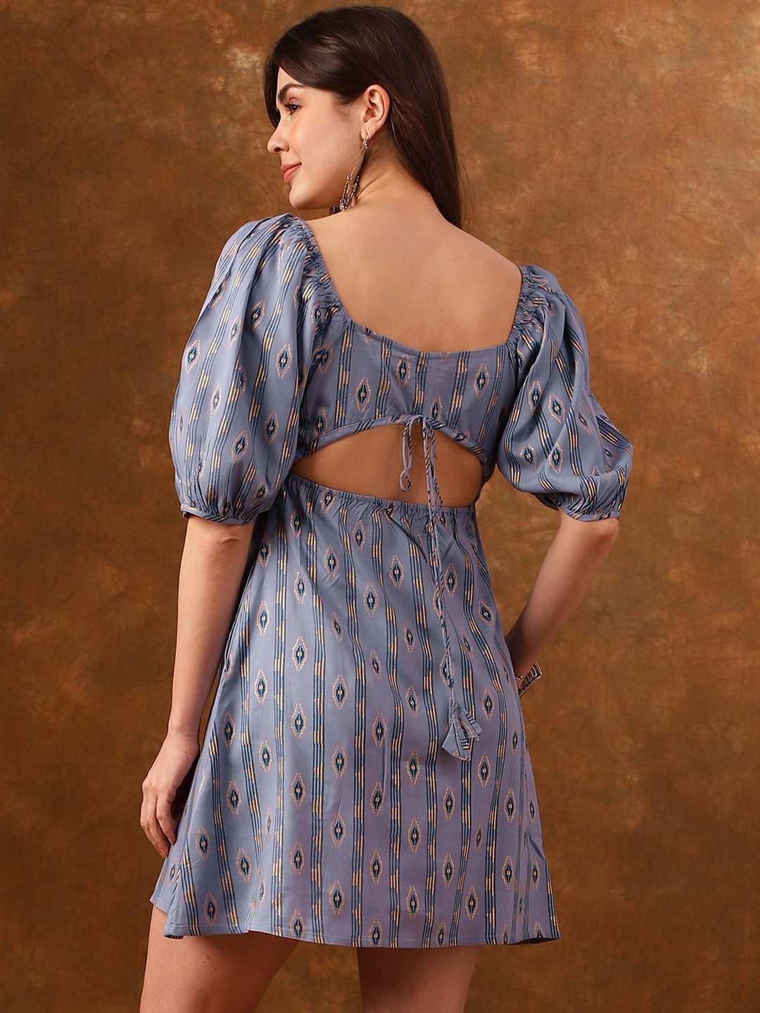 

Anouk Blue Ethnic Motifs Printed Puff Sleeves Cut-Out A-Line Ethnic Dresses