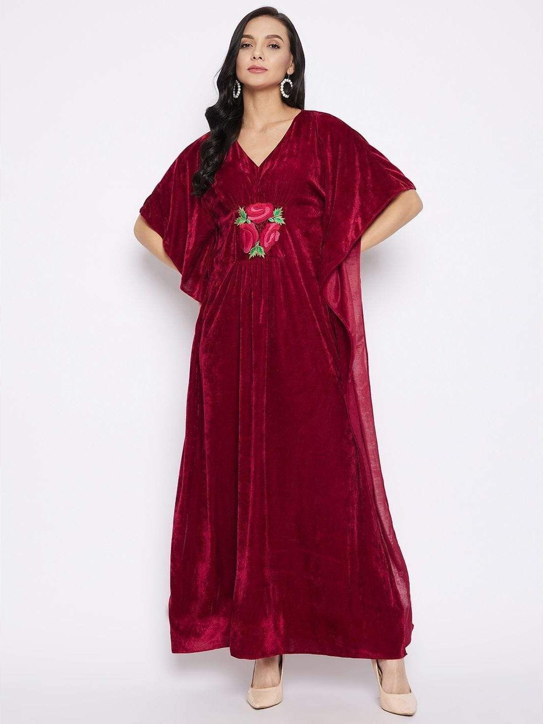 

Uptownie Stretchable Velvet Kaftan with Floral Embroidery, Maroon