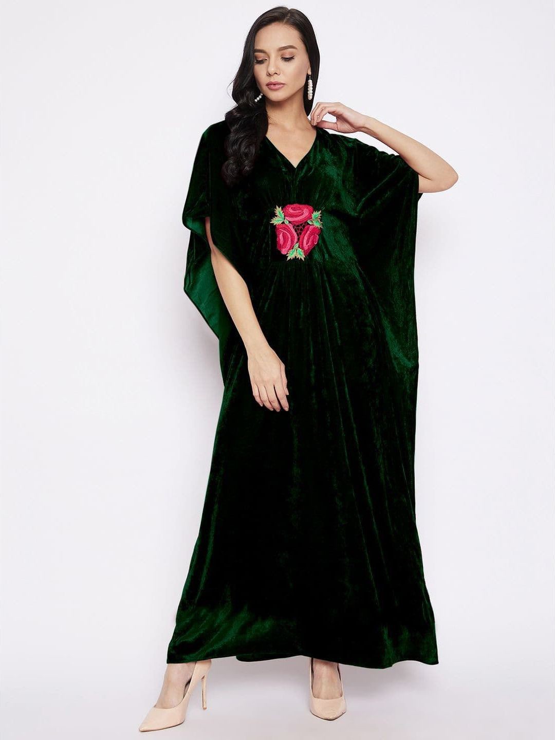 

Uptownie Stretchable Velvet Kaftan with Floral Embroidery, Green