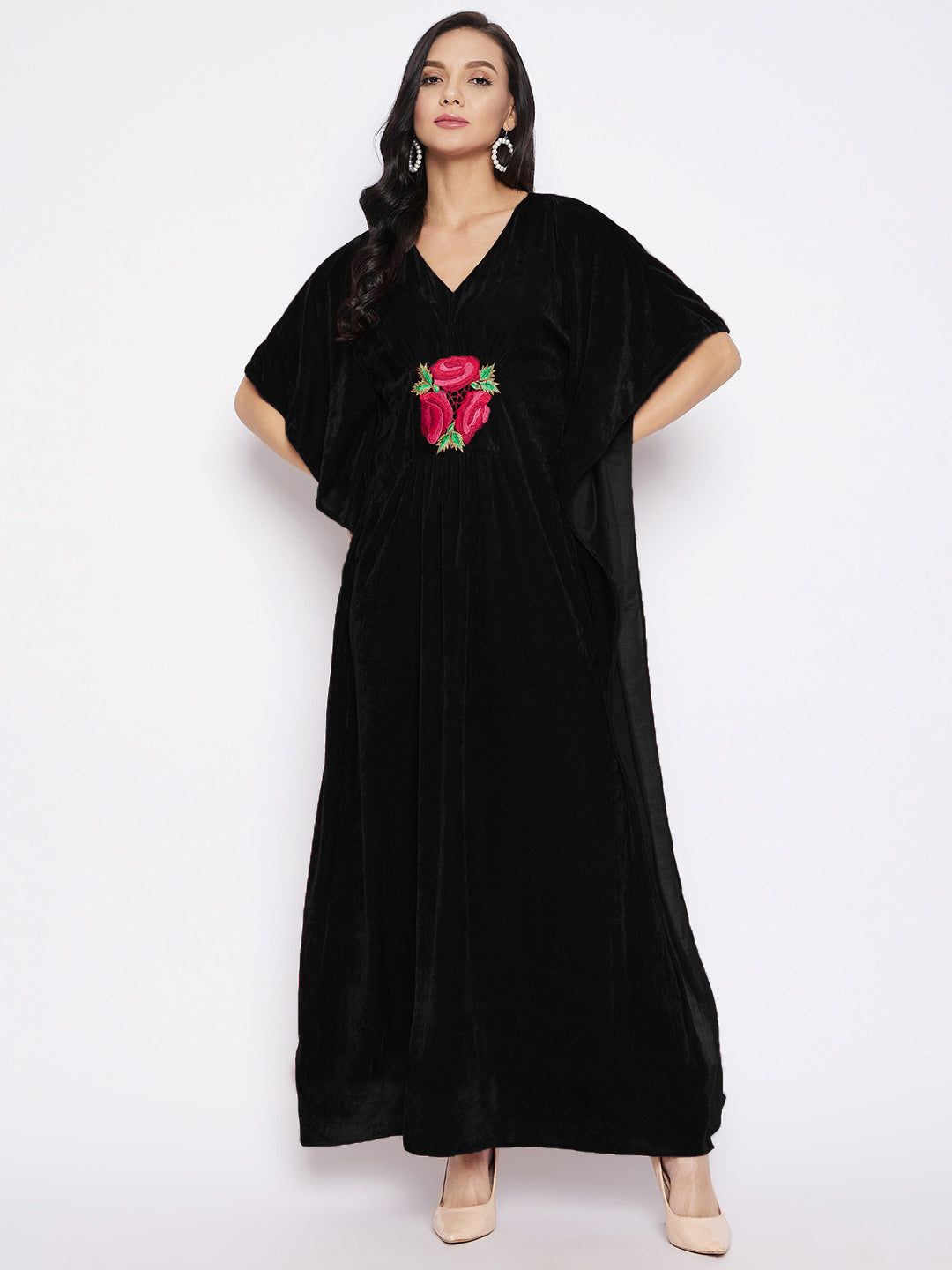 

Uptownie Stretchable Velvet Kaftan with Floral Embroidery, Black