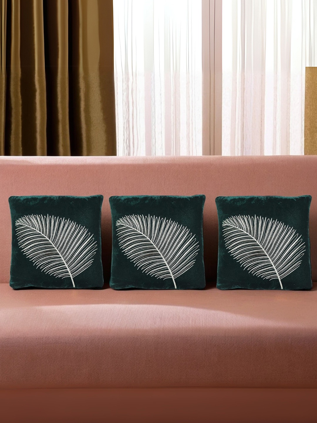 

Decoghar Green Zari Leaf Embroidered 3 Pieces Square Cushion Covers