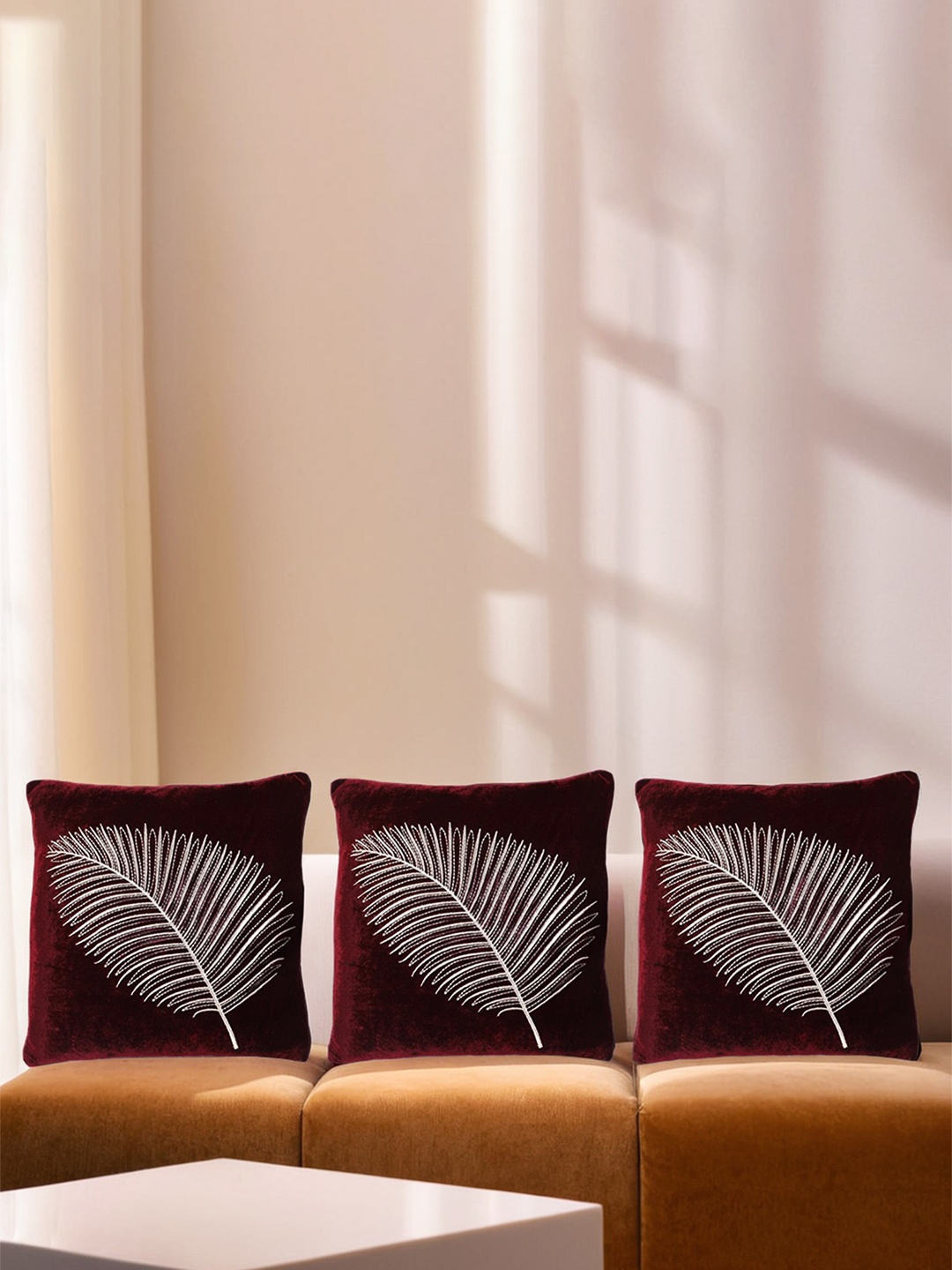 

Decoghar Wine 3 Pieces Zari Leaf Embroidered Square Cushion Covers, Burgundy