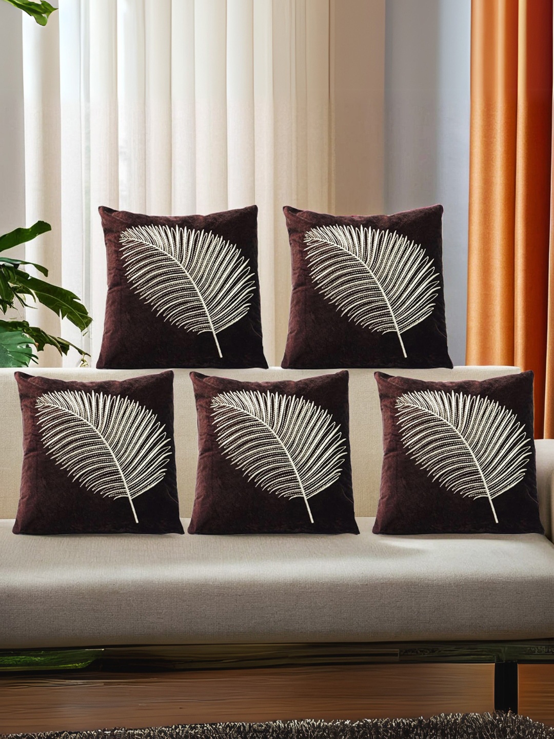 

Decoghar Brown Zari Leaf Embroidered 5 Pieces Square Cushion Covers