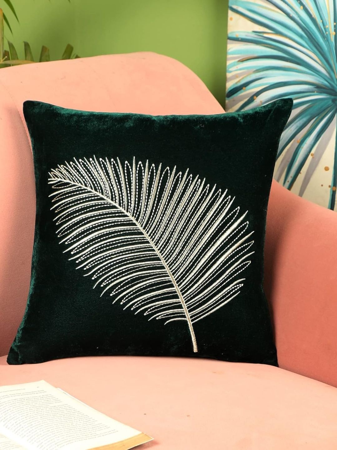

Decoghar Green Zari Leaf Embroidered 2 Pieces Square Cushion Covers