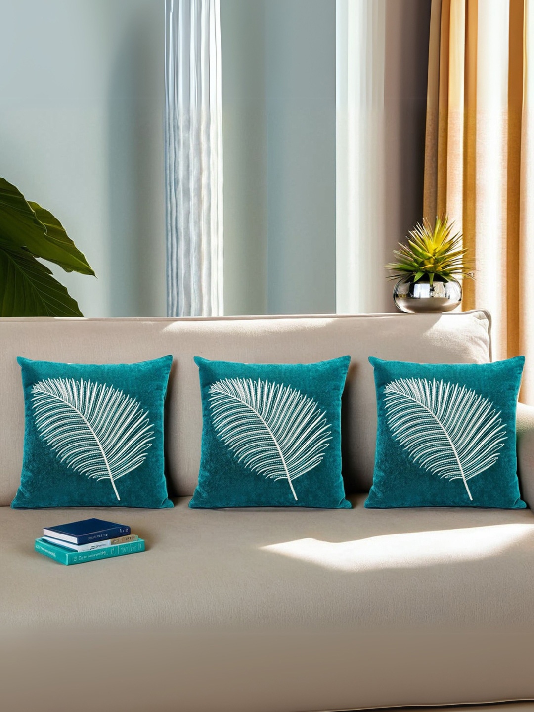 

Decoghar Turquoise Zari Leaf Embroidered 3 Pieces Square Cushion Covers, Turquoise blue