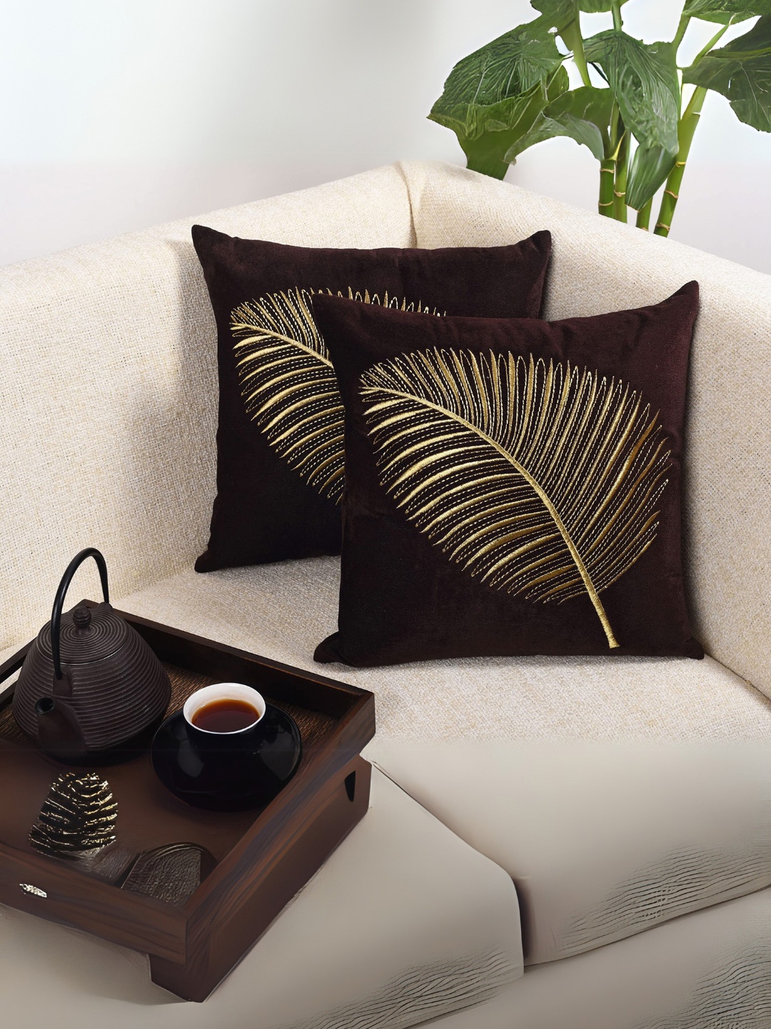 

Decoghar Brown Zari Leaf Embroidered 2 Pieces Square Cushion Covers