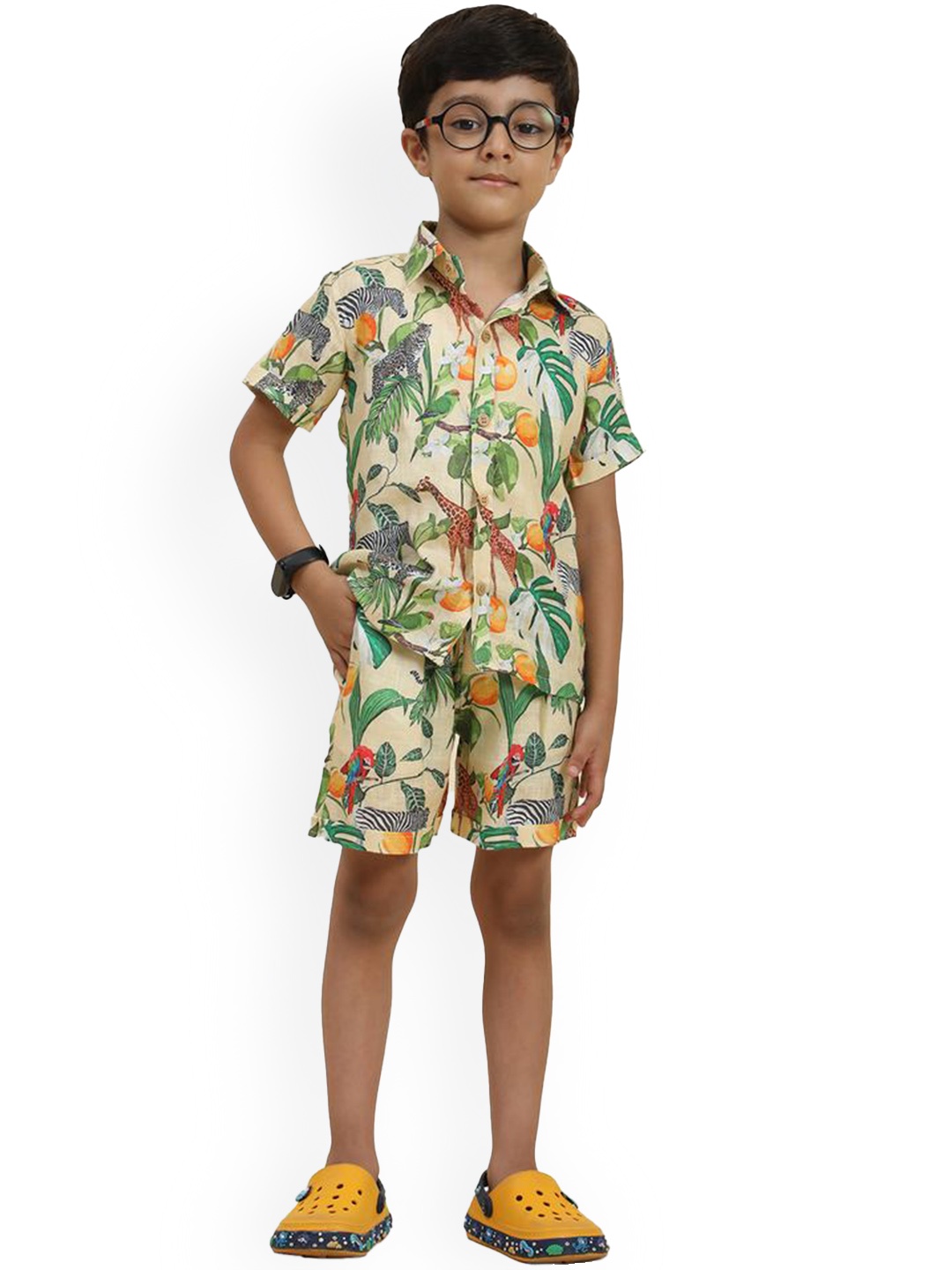 

BAESD Boys Printed Linen Shirt With Shorts, Beige