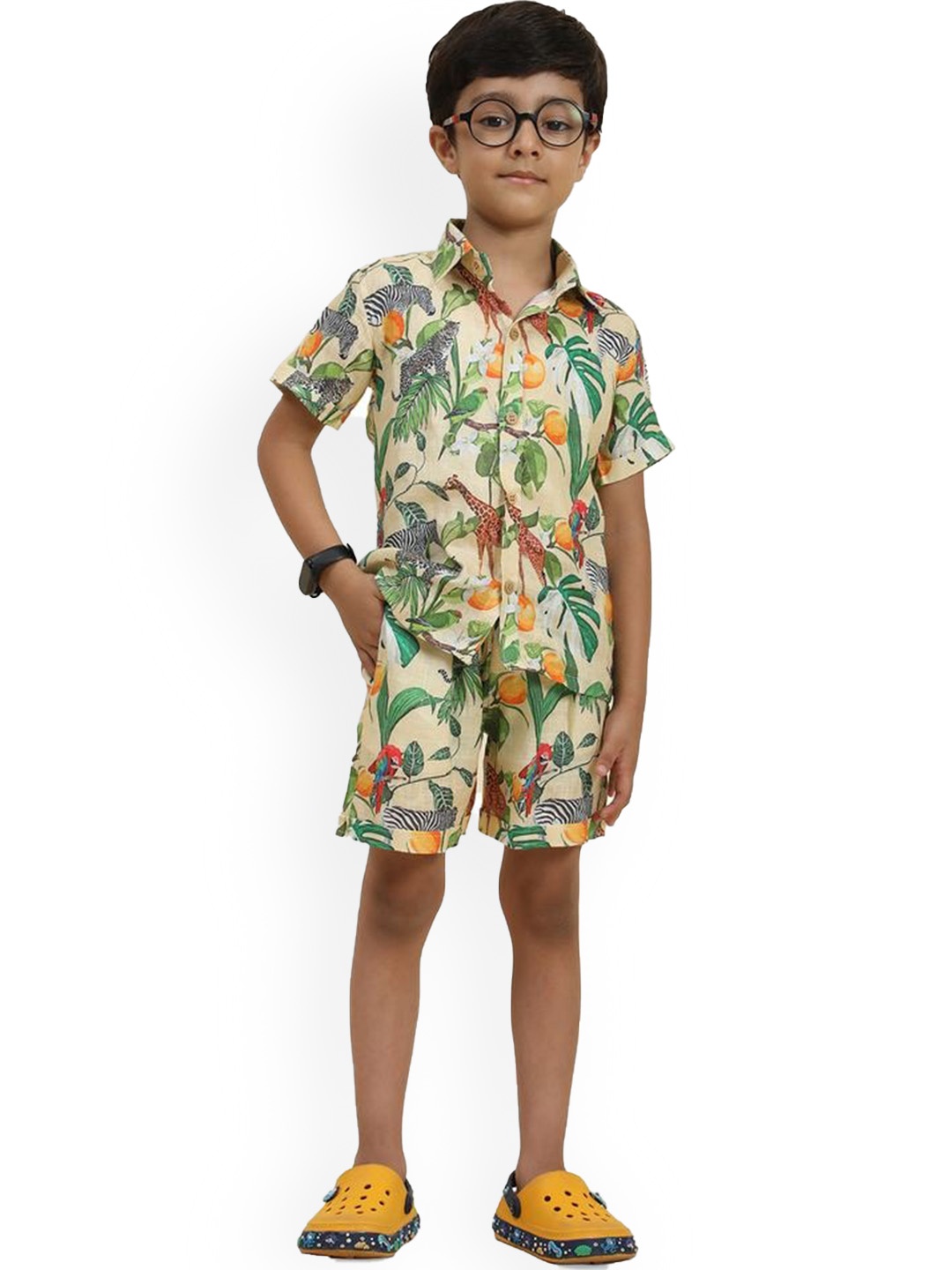 

BAESD Boys Printed Linen Shirt with Shorts Clothing Set, Beige