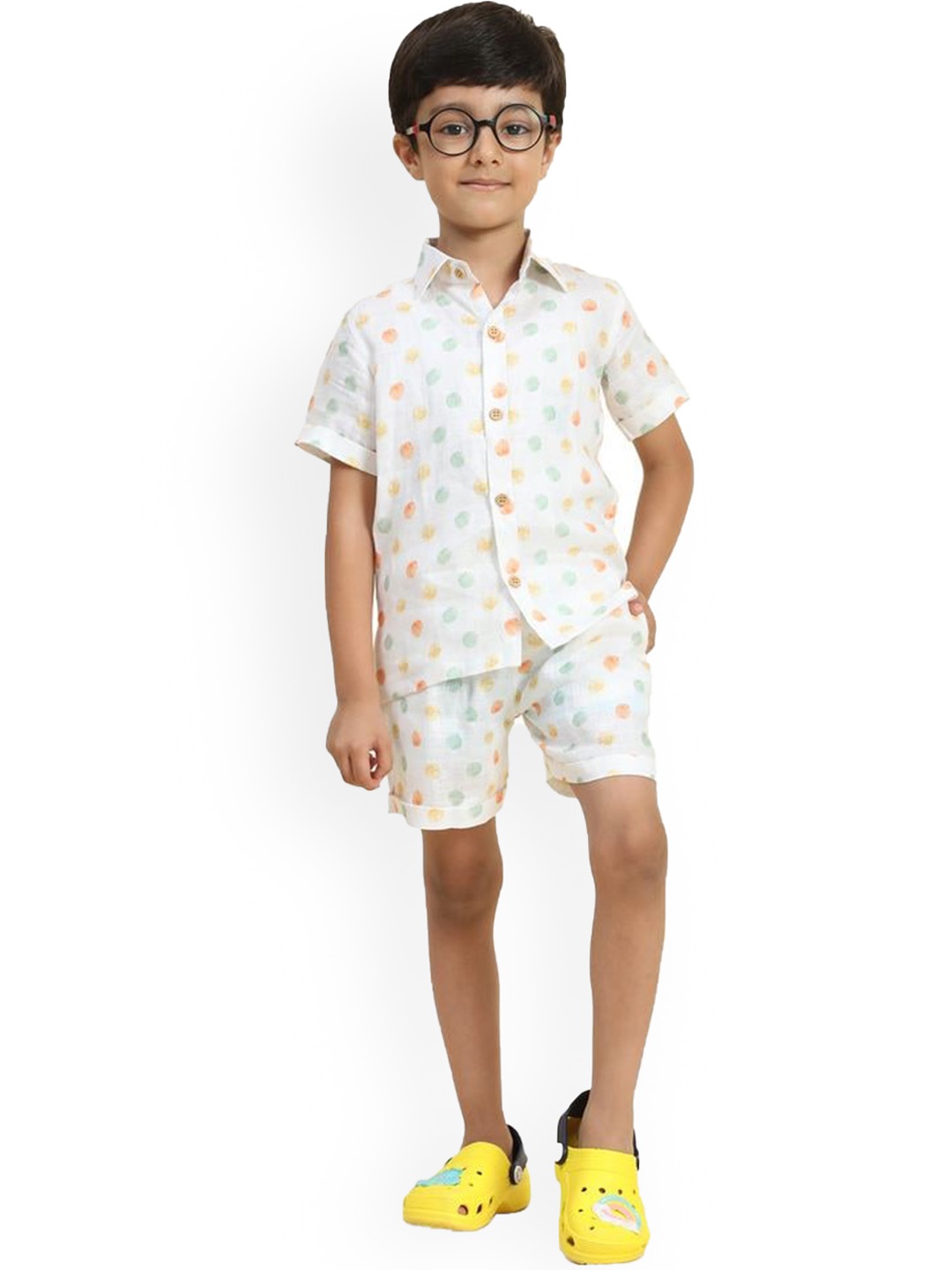 

BAESD Boys Printed Collar-Neck Shirt with Mid-Rise Shorts, White