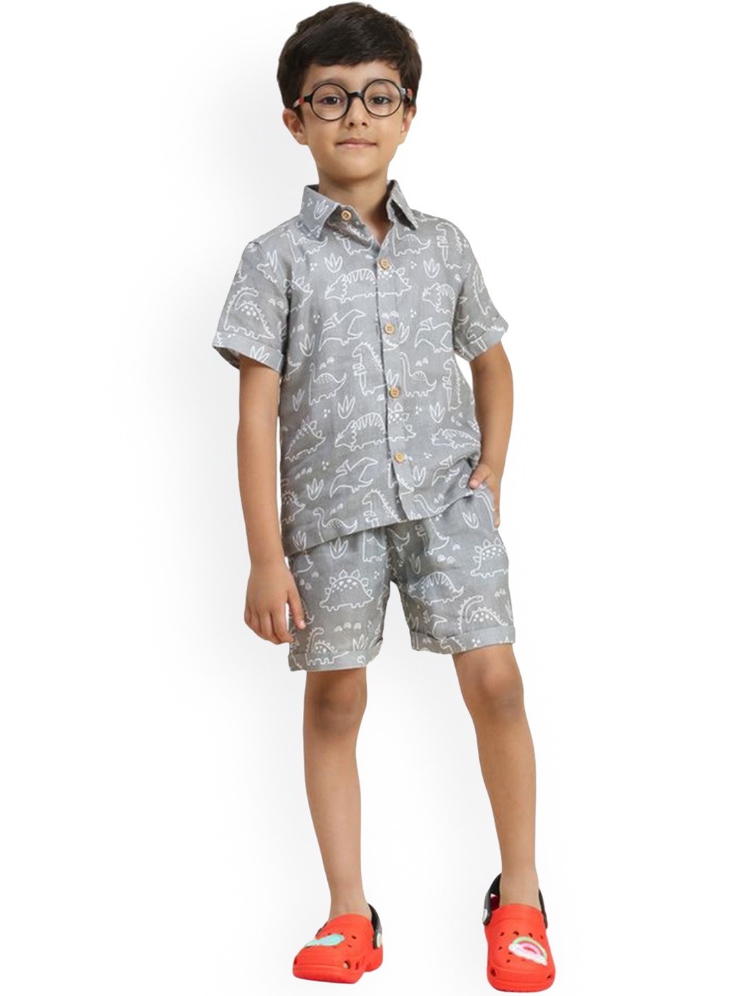 

BAESD Boys Graphic Printed Linen Shirt With Shorts, Grey
